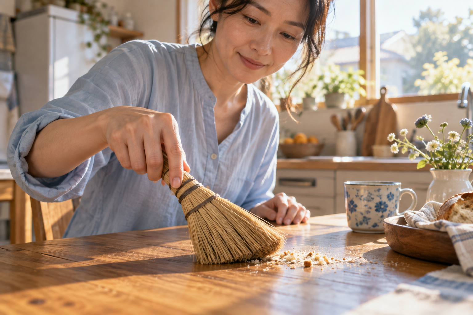 朝の台所で小さな箒を使う、架空の生活CMのイメージ